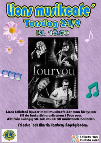 24/9 kl 18:00 Lions musikcafé med musikgruppen Fouryou.